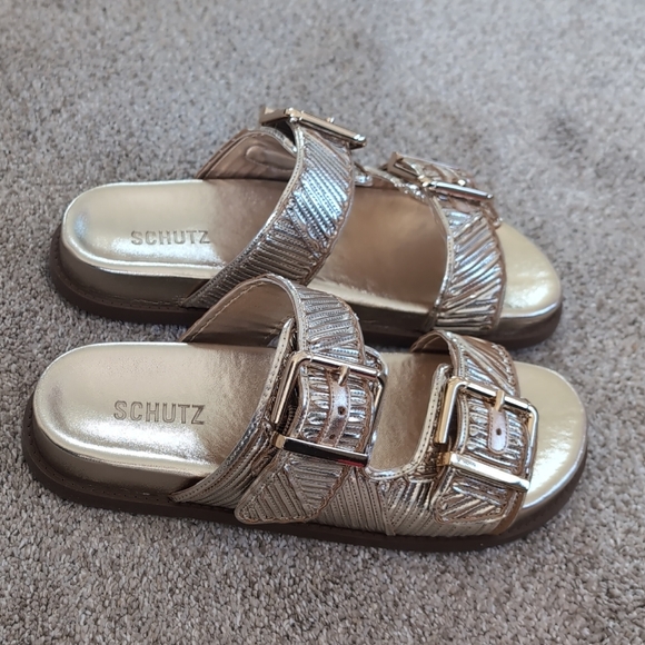 SCHUTZ Lupita Sporty Buckle Metallic Gold Buckle Slides - Picture 1 of 5